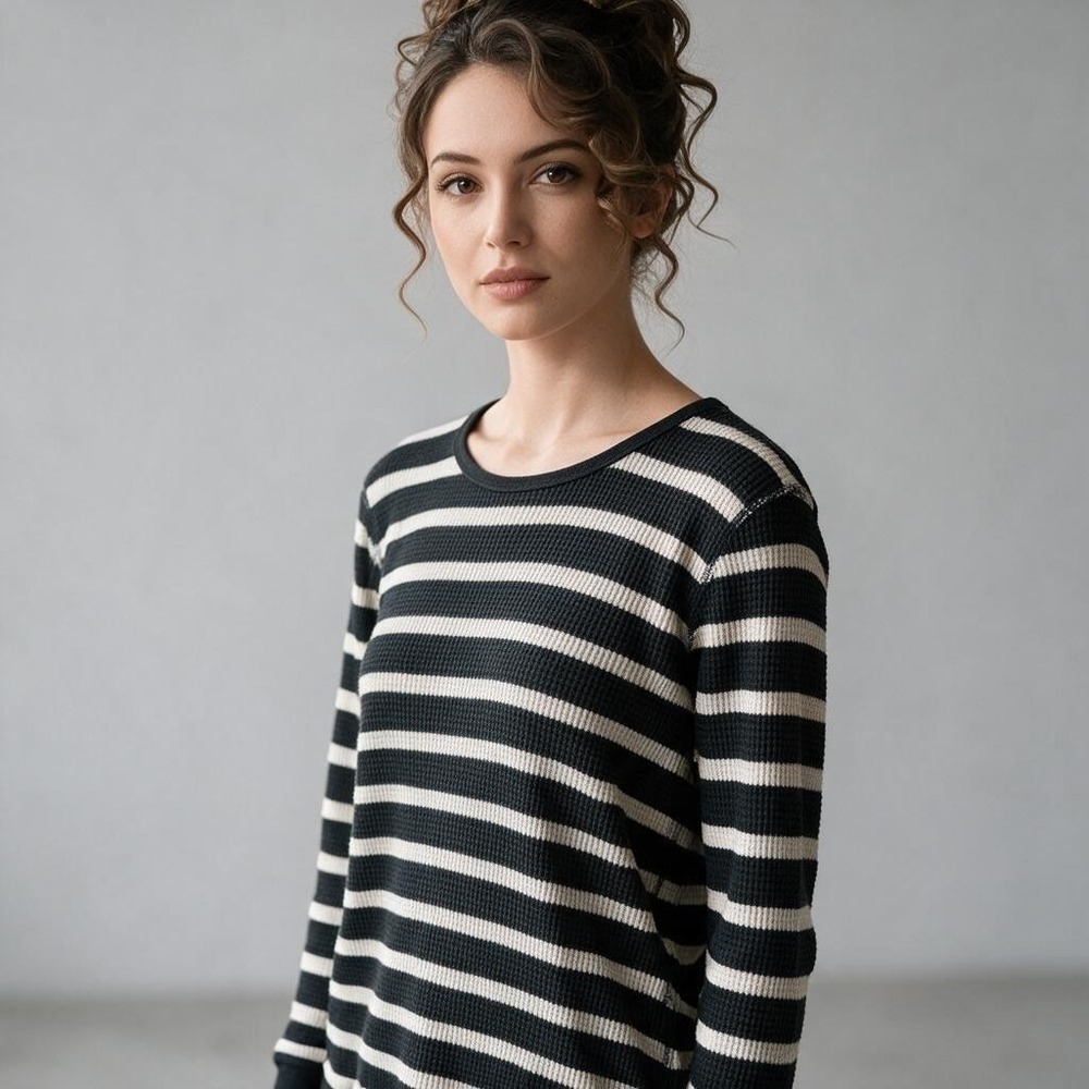 J.Crew Womens Black White Striped Waffle Knit Thermal Top M 58407